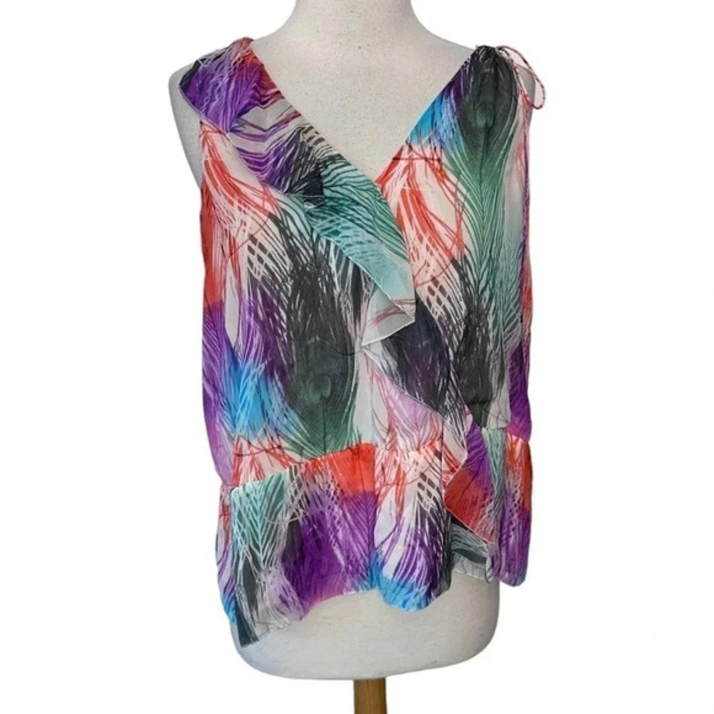 Leifsdottir blouse 6 multicolor color peacock feather print silk sleeveless‎ top